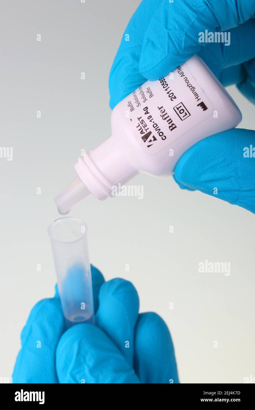 Covid 19 PCR Rapid Test, Corona, Buffer/Developer Solution Stock Photo