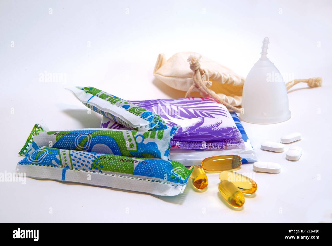Women's health - period products, painkillers and supplements Stock Photo