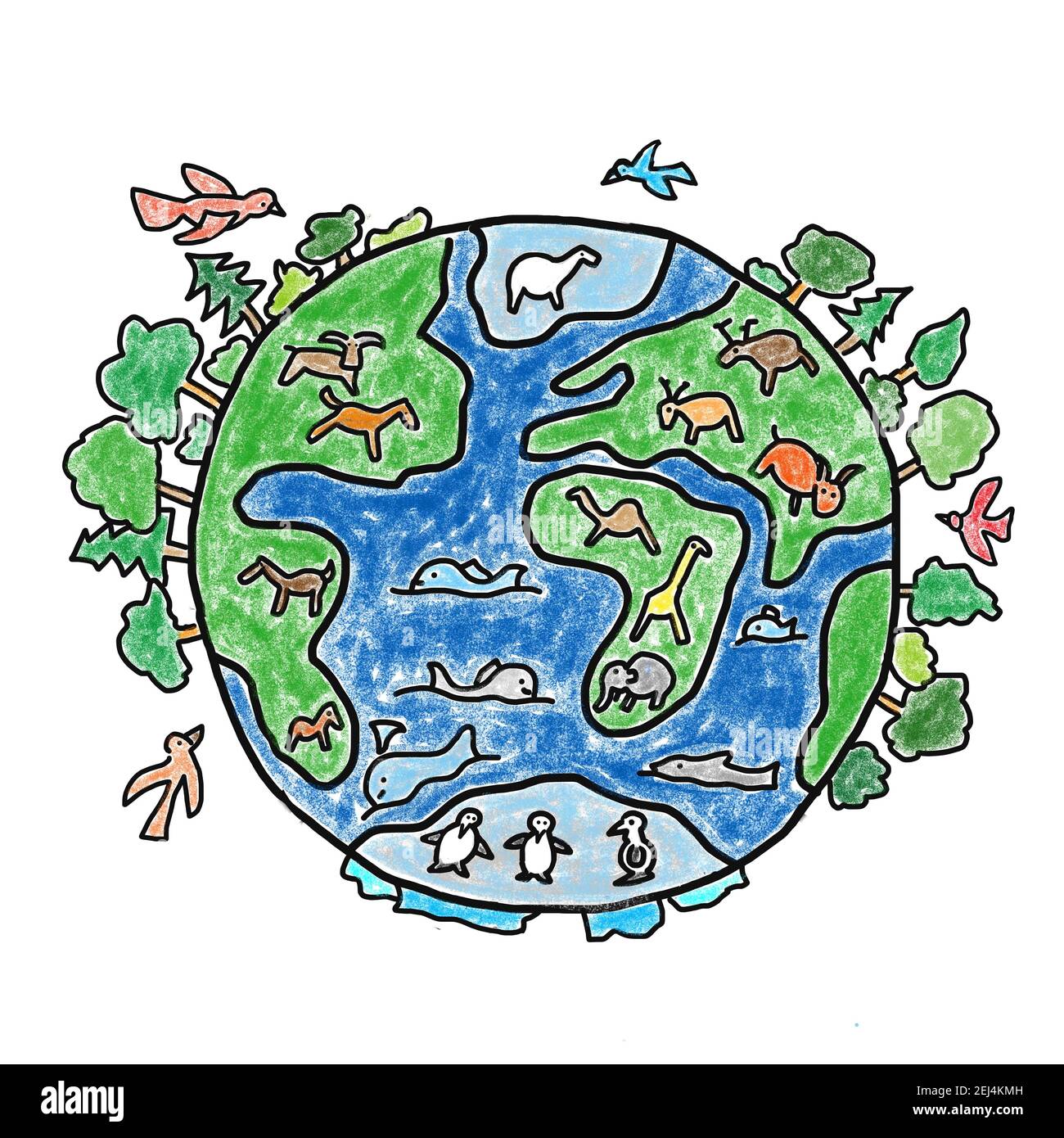 Naive illustration, children drawing, Earth with its animals ...