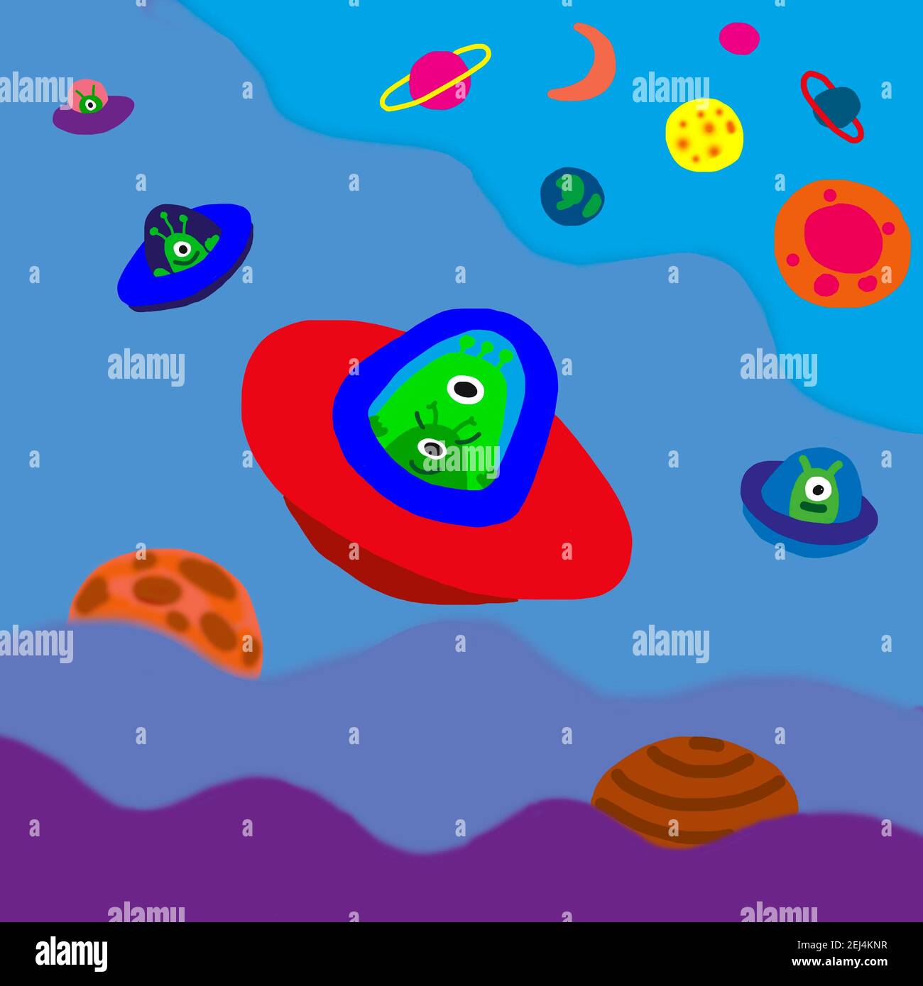 Naive illustration, children drawing, ufos with alien and planets in space, Austria Stock Photo