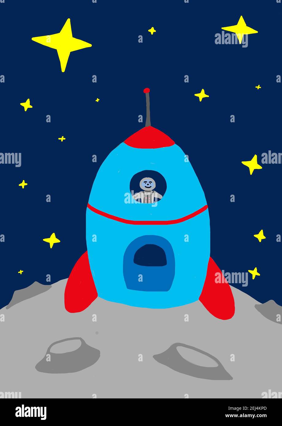 Naive illustration, children drawing, astronaut with spaceship on a planet, Austria Stock Photo