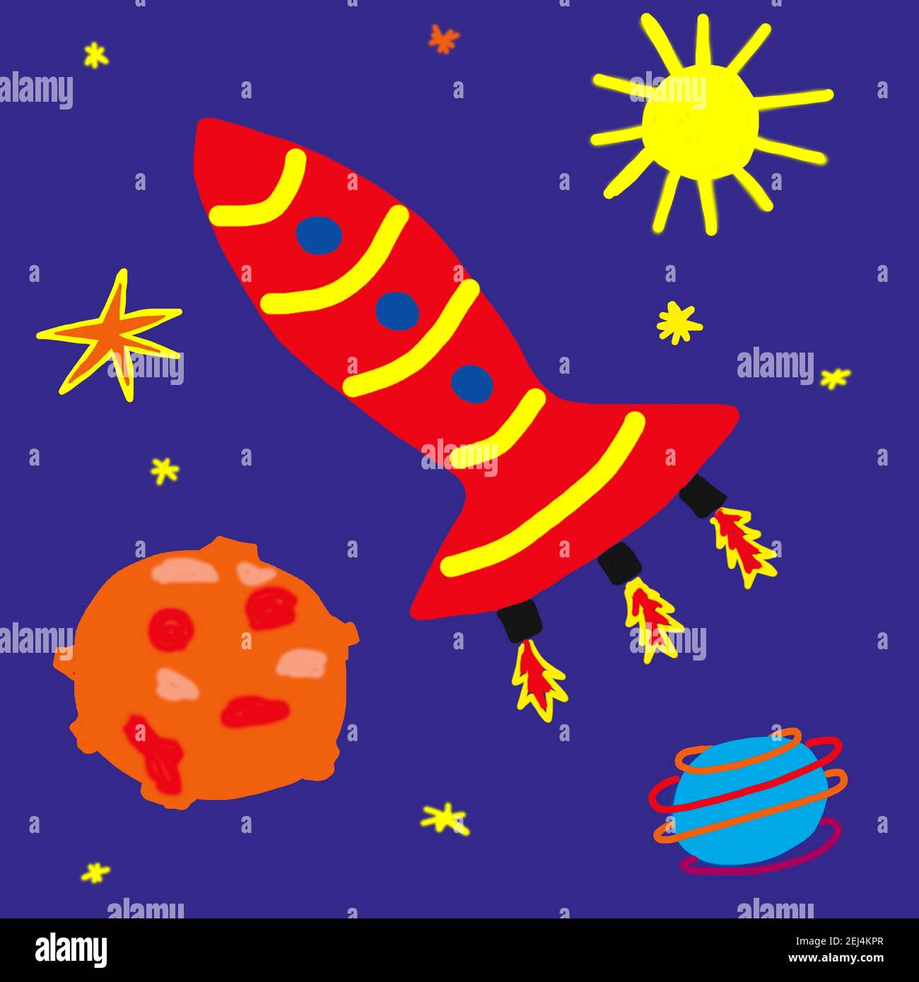 Naive illustration, children drawing, rocket with planets in space, Austria Stock Photo