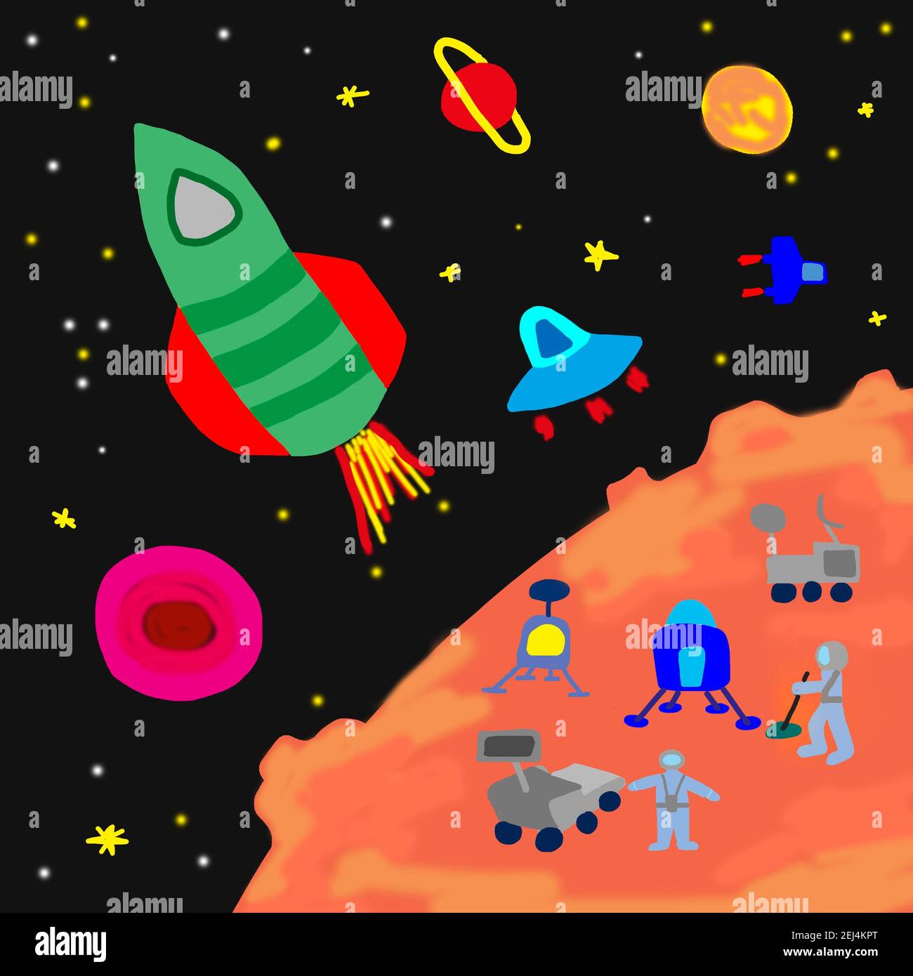 Naive illustration, children drawing, astronauts with spaceship on a planet, Austria Stock Photo