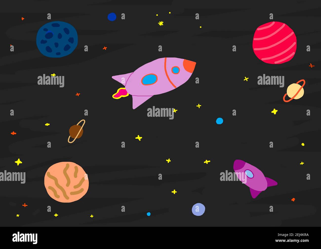 Naive illustration, children drawing, rockets with planets in space, Austria Stock Photo