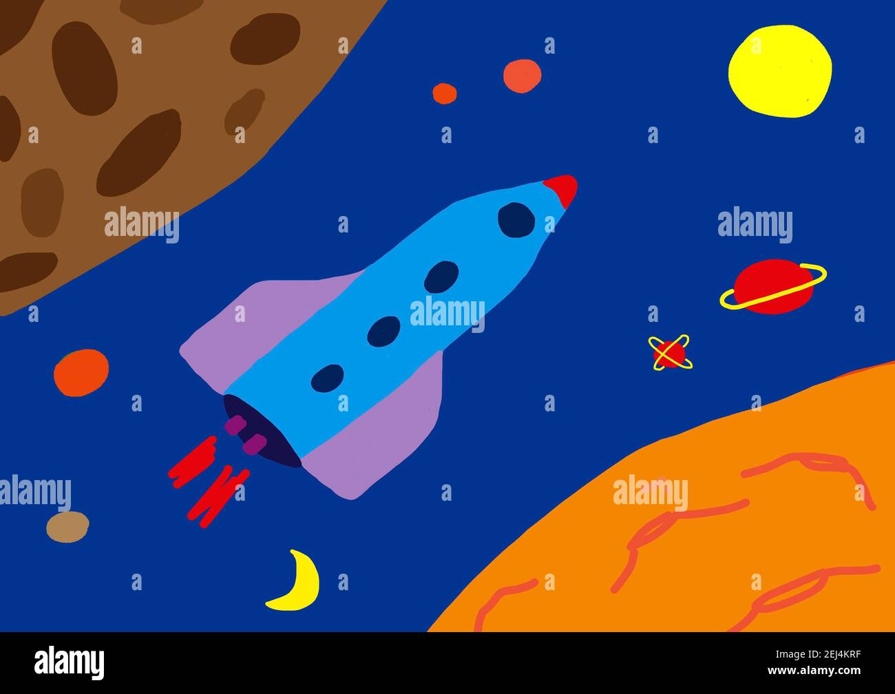 Naive illustration, children drawing, rocket with planets in space, Austria Stock Photo