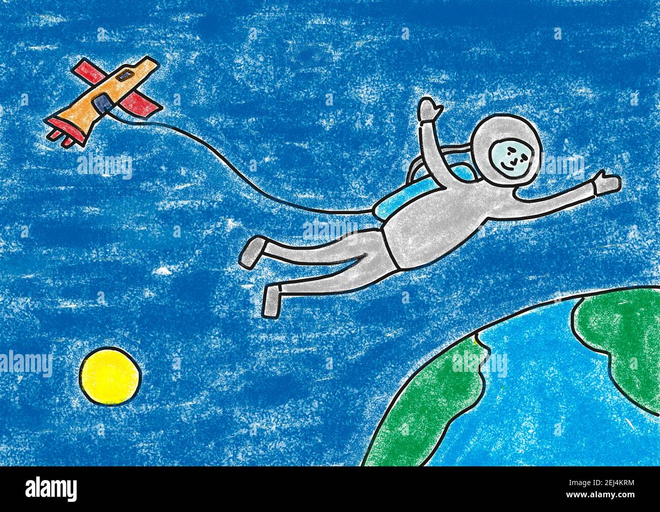 Naive illustration, children drawing, astronaut with spaceship floats over earth, Austria Stock Photo