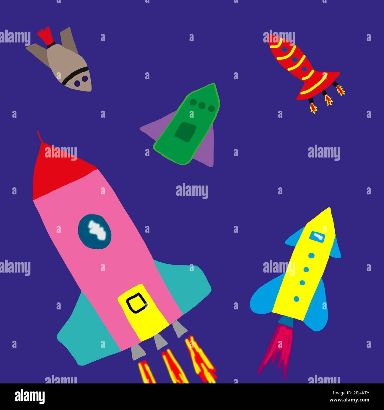 Naive illustration, children drawing, Various spaceships in Weltalll, Austria Stock Photo