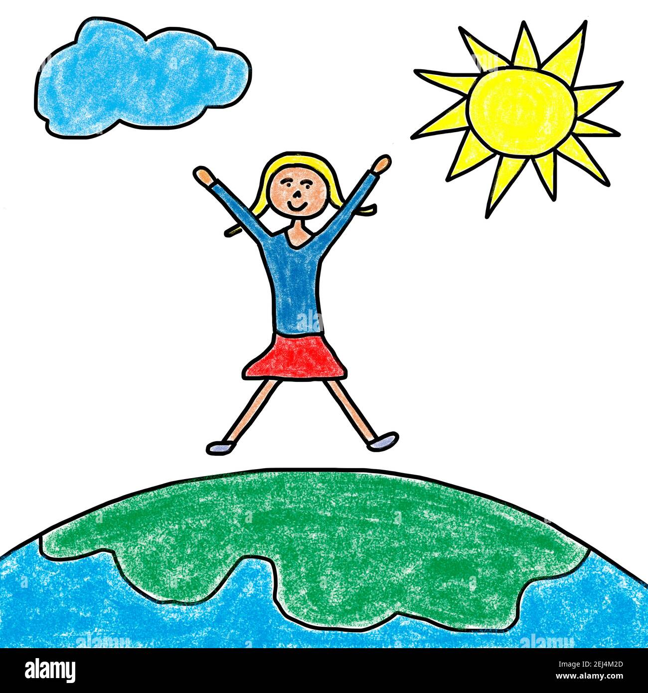 Naive illustration, child drawing, girl standing happily on mother earth  Stock Photo - Alamy