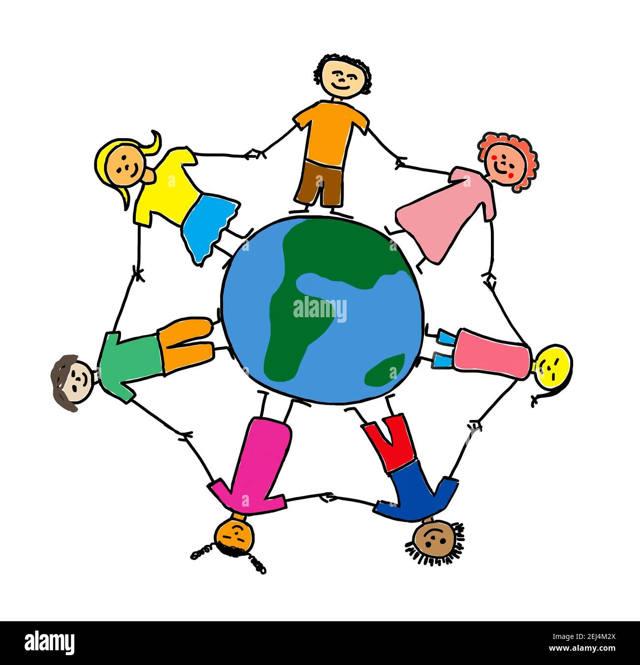 Naive illustration, child drawing, children of different nationalities standing hand in hand on mother earth Stock Photo