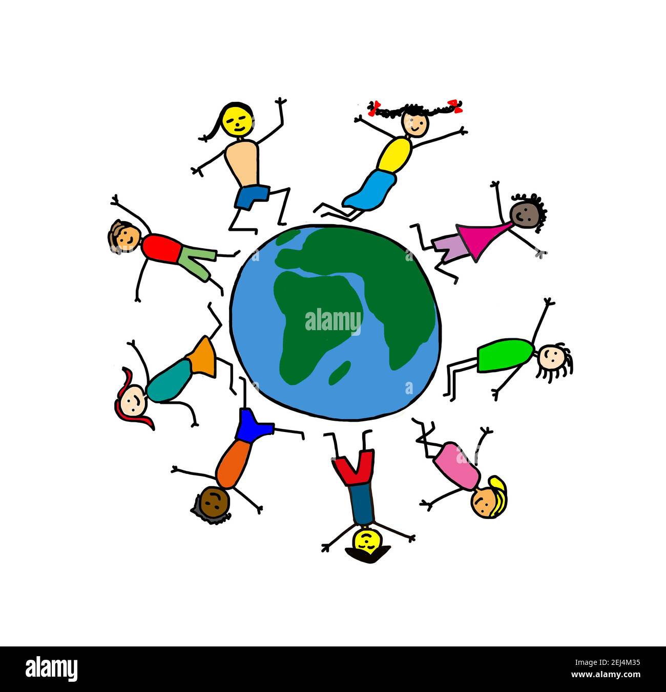 Naive illustration, children drawing, children of different nationalities standing happily on mother earth Stock Photo