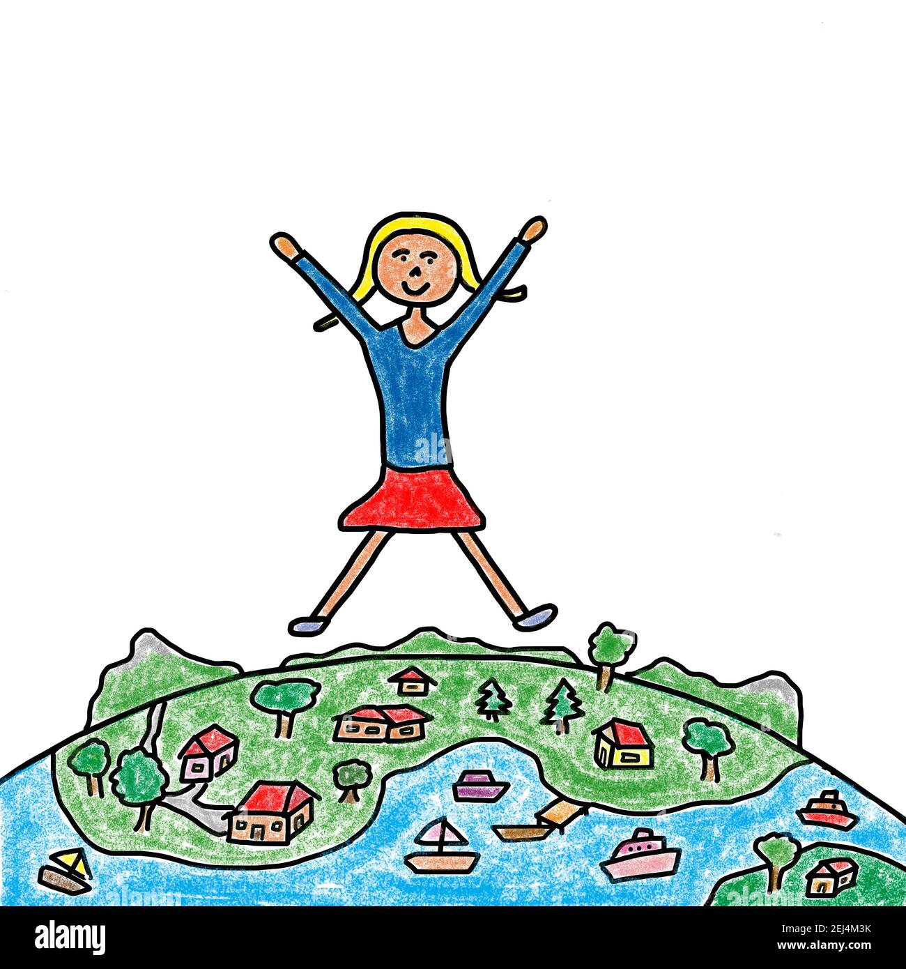 Naive illustration, child drawing, girl standing happily on mother earth Stock Photo