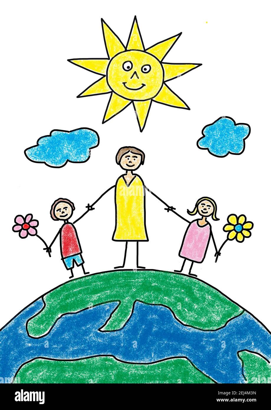 Naive illustration, child drawing, mother with her children standing happily on mother earth Stock Photo