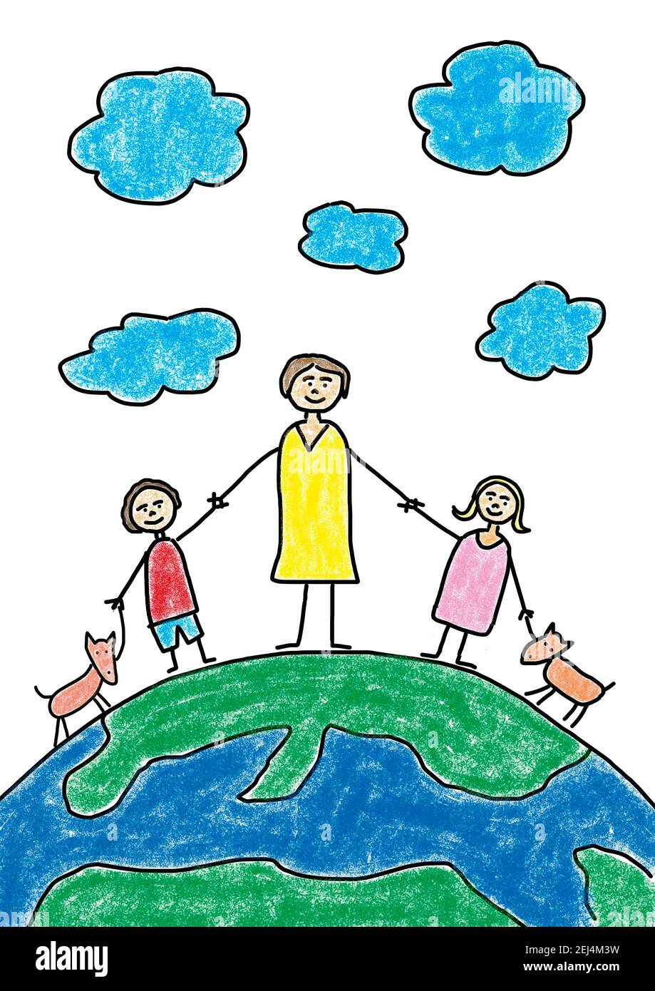 Naive illustration, child drawing, mother with children and two dogs standing happily on mother earth Stock Photo
