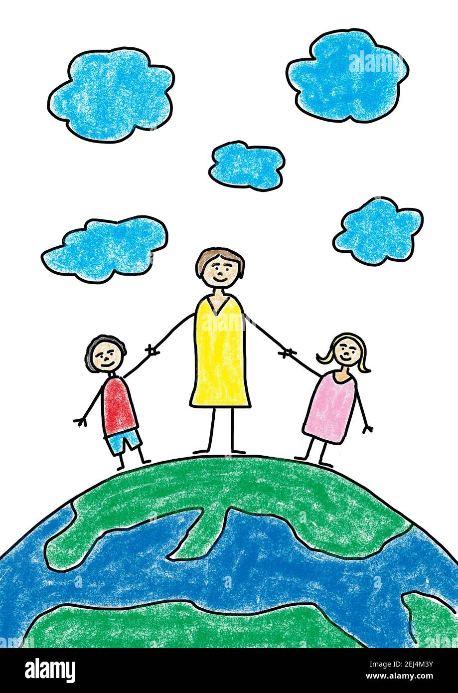 Naive illustration, child drawing, mother with her children standing happily on mother earth Stock Photo