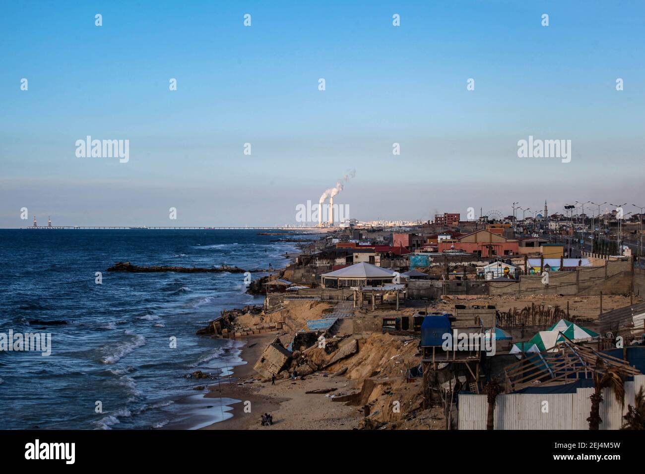 General view of the sea coast of Gaza City. February 20, 2021. Few Palestinians and some fishermen enjoy cold day, on beach in Gaza City. Photo by Ramez Habboub/ABACAPRESS.COM Stock Photo