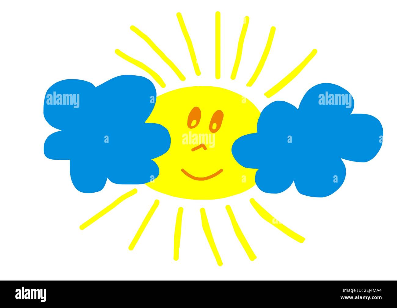 Naive illustration, children drawing, sun with sun rays and clouds Stock Photo