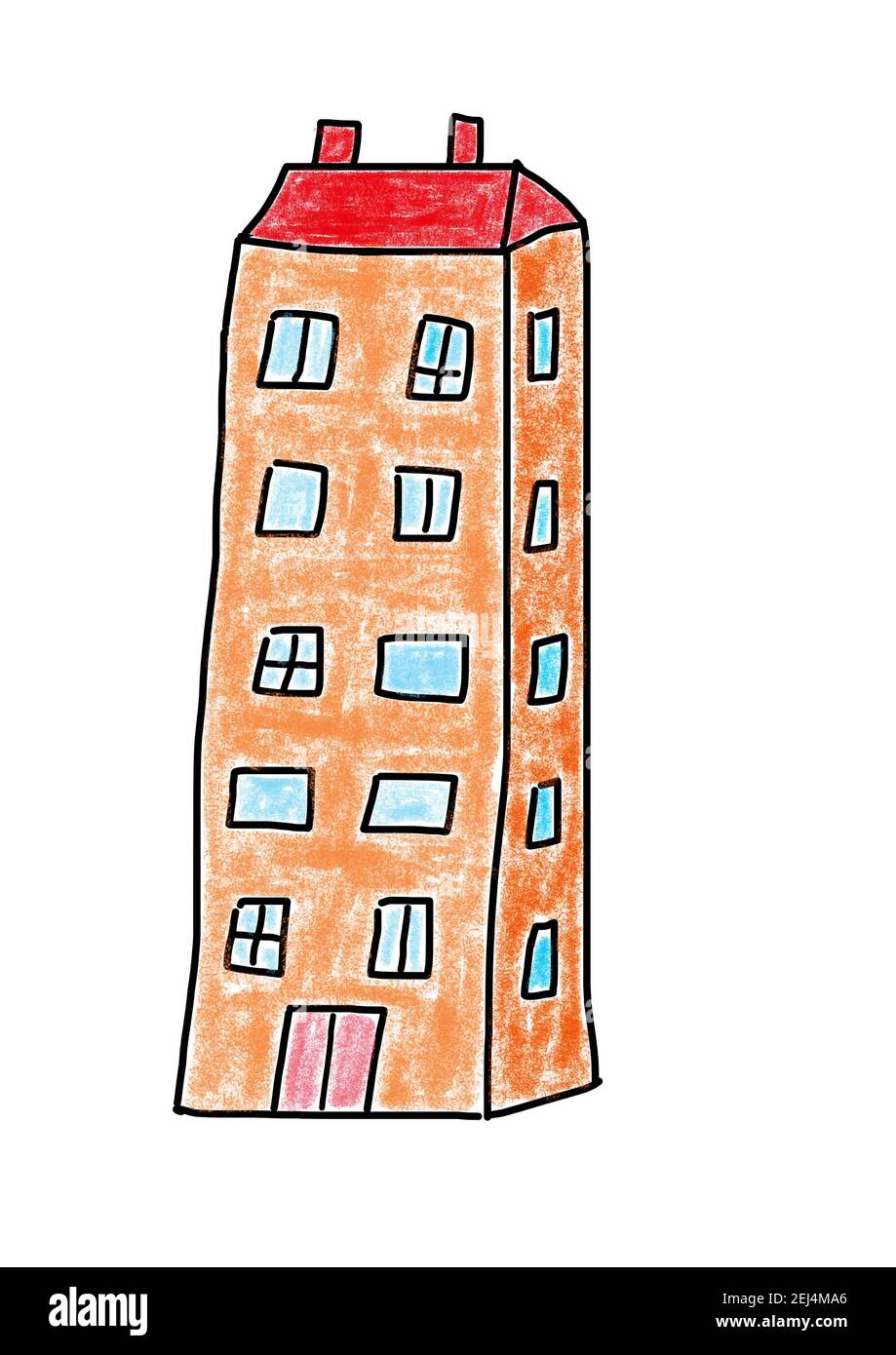 Naive illustration, children drawing, skyscraper standing alone Stock Photo