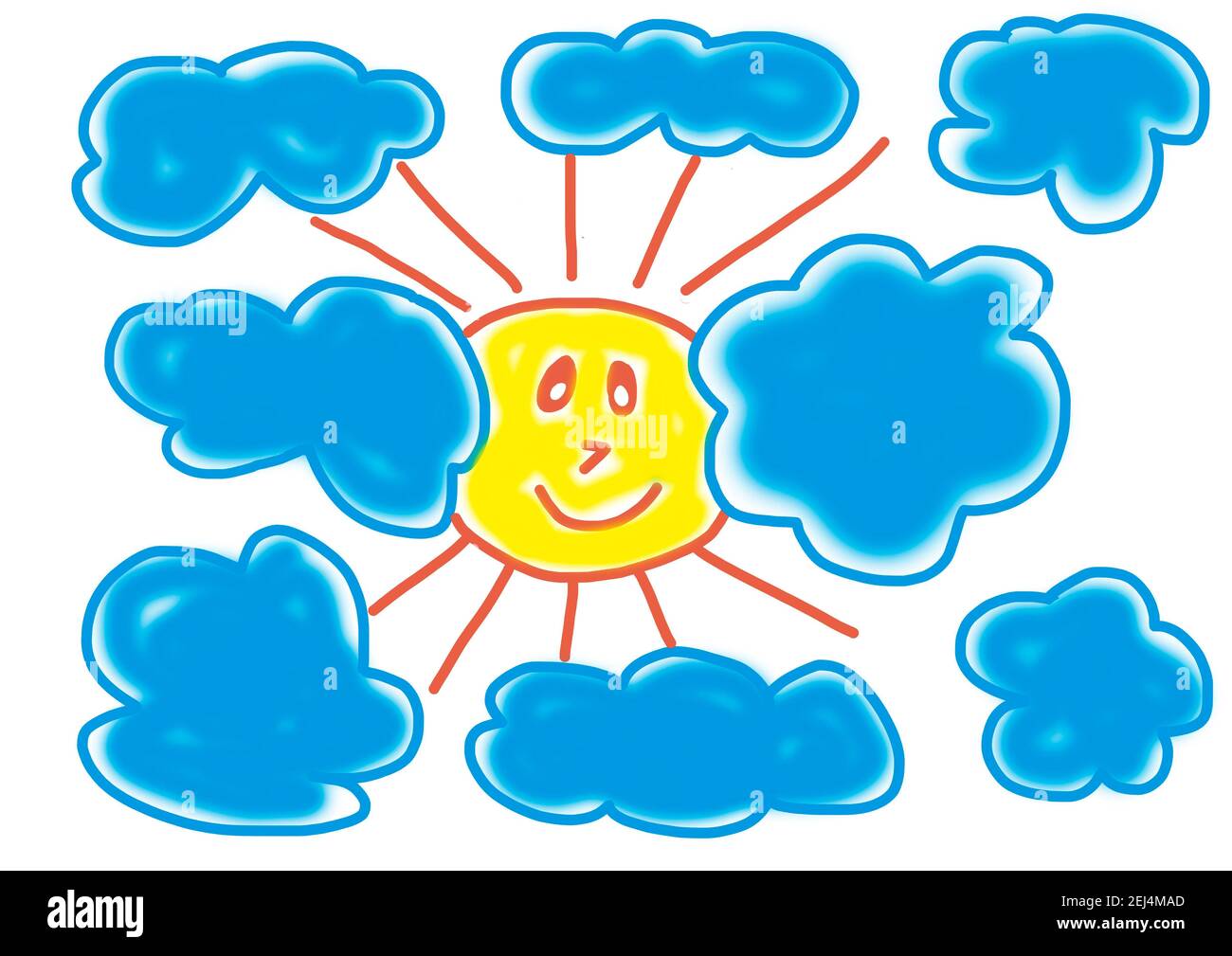Naive illustration, children drawing, sun with sun rays and clouds Stock Photo