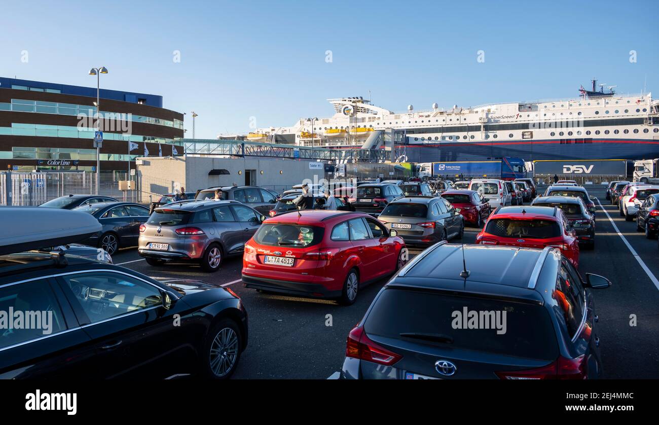 Cars waiting for the ferry from Hirtshals to Larvik, Denmark Stock Photo