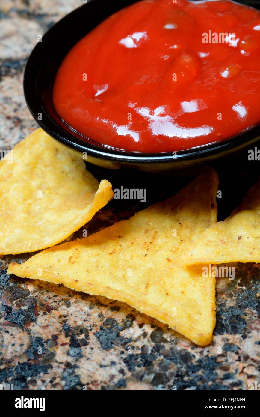 Nachos with tomato dip, snack, starter, chip, chips, salsa, dip sauce, dip sauce, corn chips Stock Photo