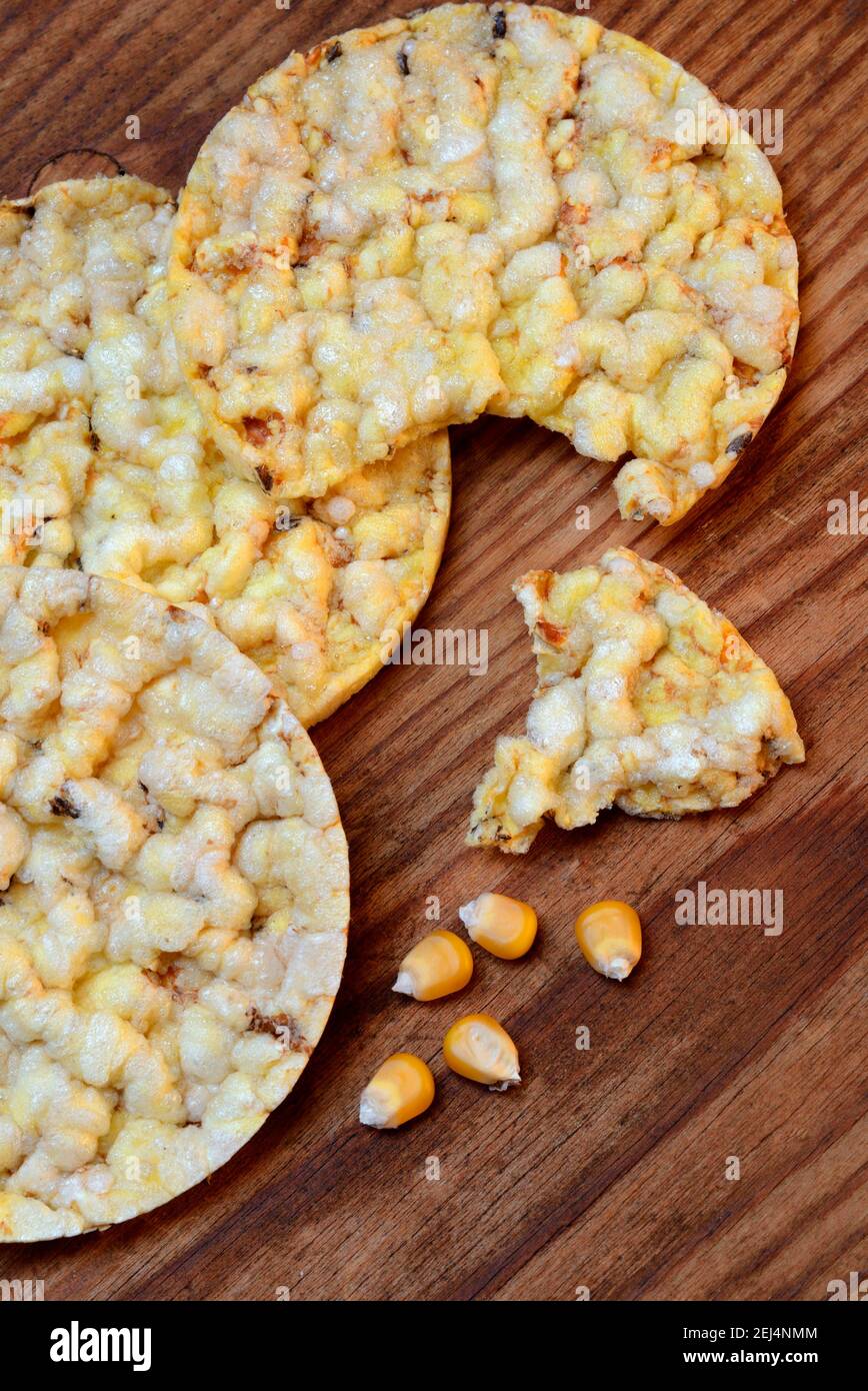 Corn wafers and corn kernels, corn crackers Stock Photo Alamy