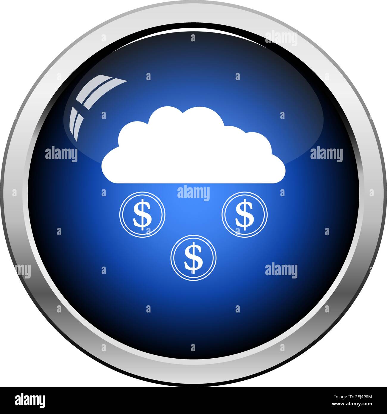 Coins Falling From Cloud Icon. Glossy Button Design. Vector Illustration. Stock Vector