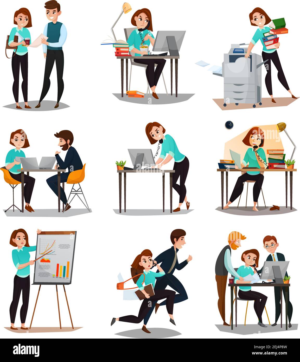 Multitasking isolated icons set with young businesswoman in working process alone and with her employees flat vector illustration Stock Vector