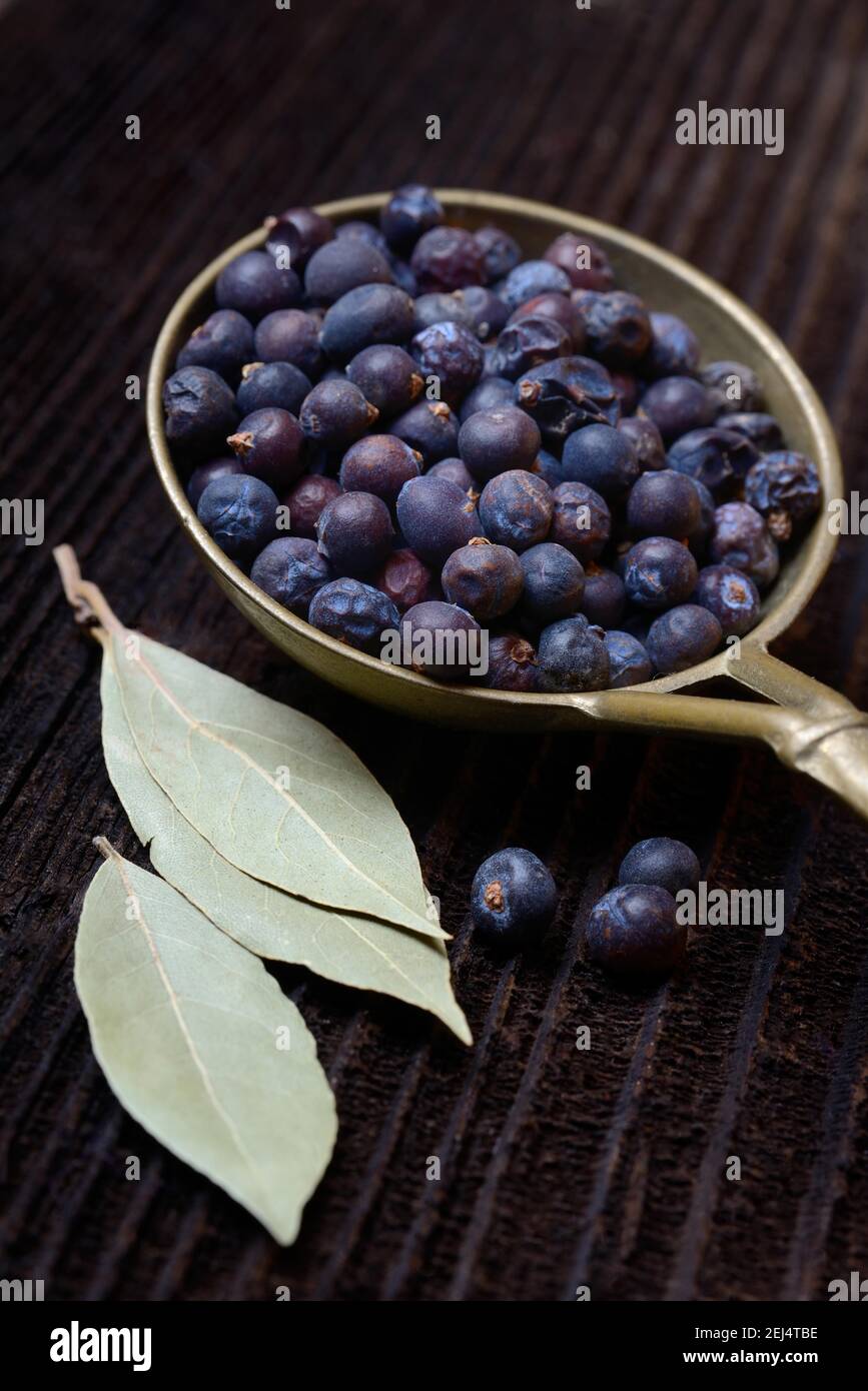 Dried juniper berries ( Juniperus communis) in brass ladle, dried bay