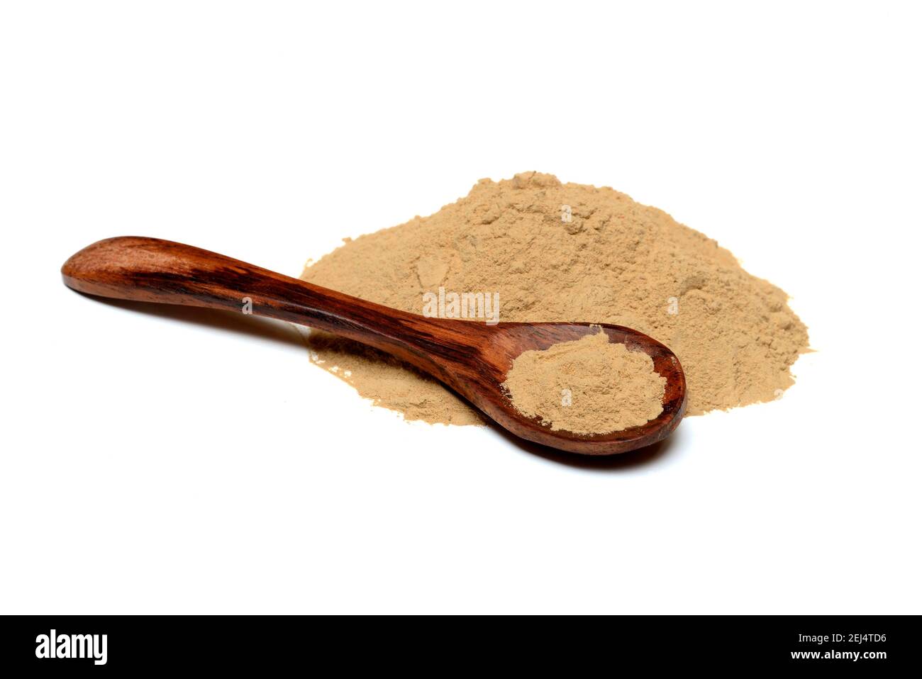 Healing earth powder with spoon, red clay, clay Stock Photo