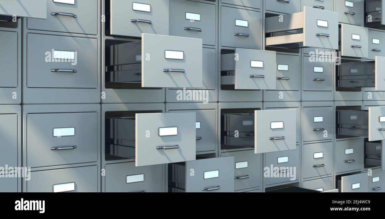 Data archive storage. Gray filing cabinets with open drawers background. Office  document data, bureaucracy and business administration concept. 3d ill  Stock Photo - Alamy