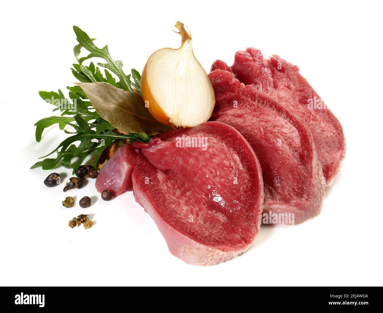 Raw Cured Veal Tongue Meat Slices isolated on white Background Stock