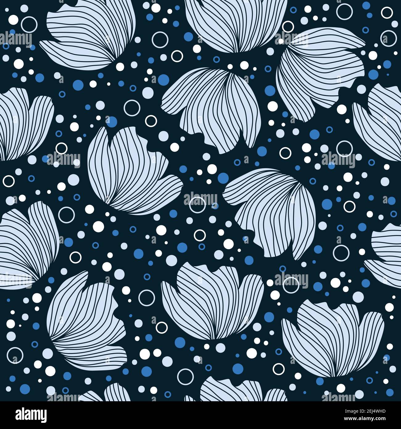 Floral pattern design with flower silhouettes, dots and small circles on a dark blue background Stock Vector