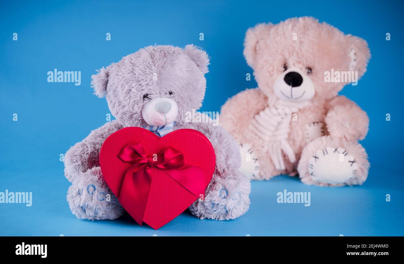 Close Up Of Cute Teddy Bears With Red Gift Box In Form Of Heart Soft Plush Toys With Present On Blue Background Concept Of Holidays Presents And Go Stock Photo Alamy
