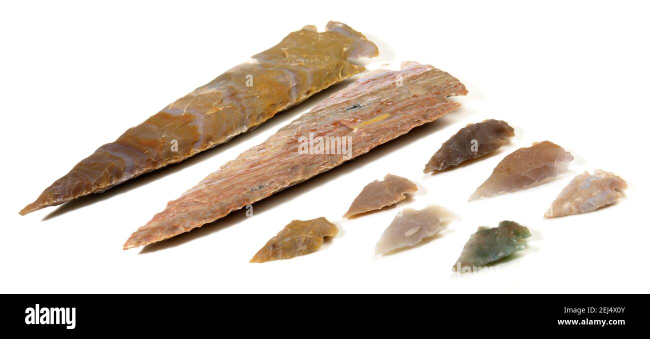 Stone Age Flint Stone Arrow Heads isolated on white Background Stock