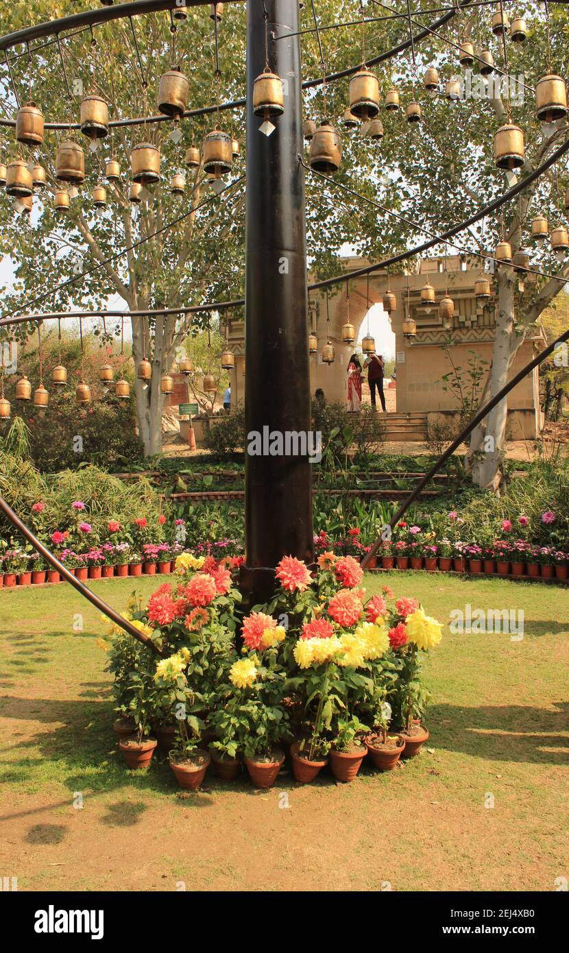 Wind chimes in the Garden of Five Senses in New Delhi India Stock Photo