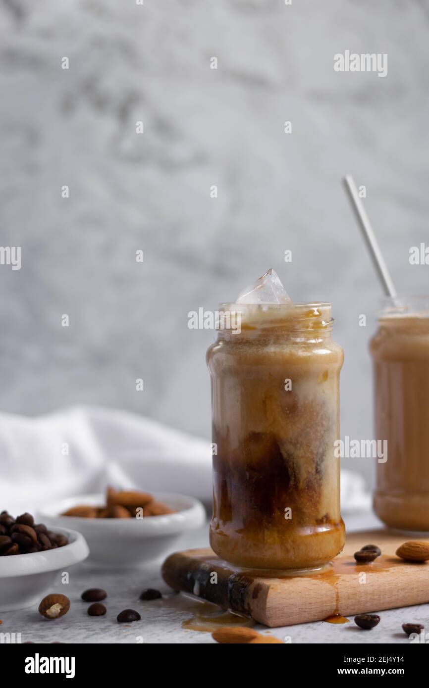Almond milk iced coffee, refreshing energizing drink Stock Photo