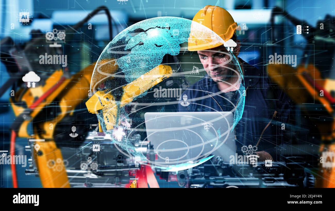 Smart industry robot arms modernization for digital factory technology . Concept of automation manufacturing process of Industry 4.0 or 4th industrial Stock Photo