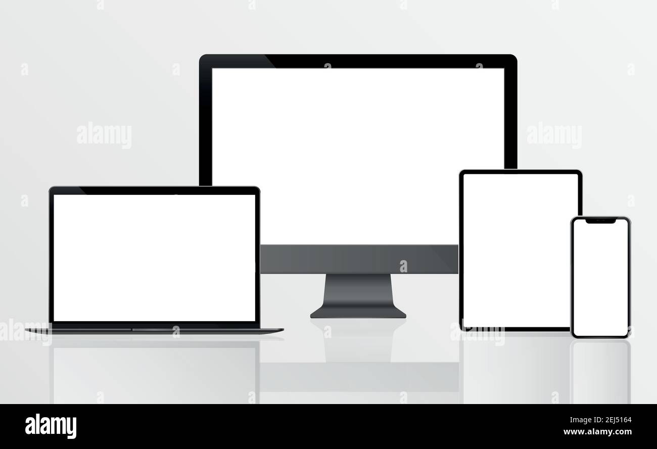 PC Monitor, Laptop, Tablet, Smartphone in Black, Silver and White with Reflection - Realistic Vector illustration Stock Vector