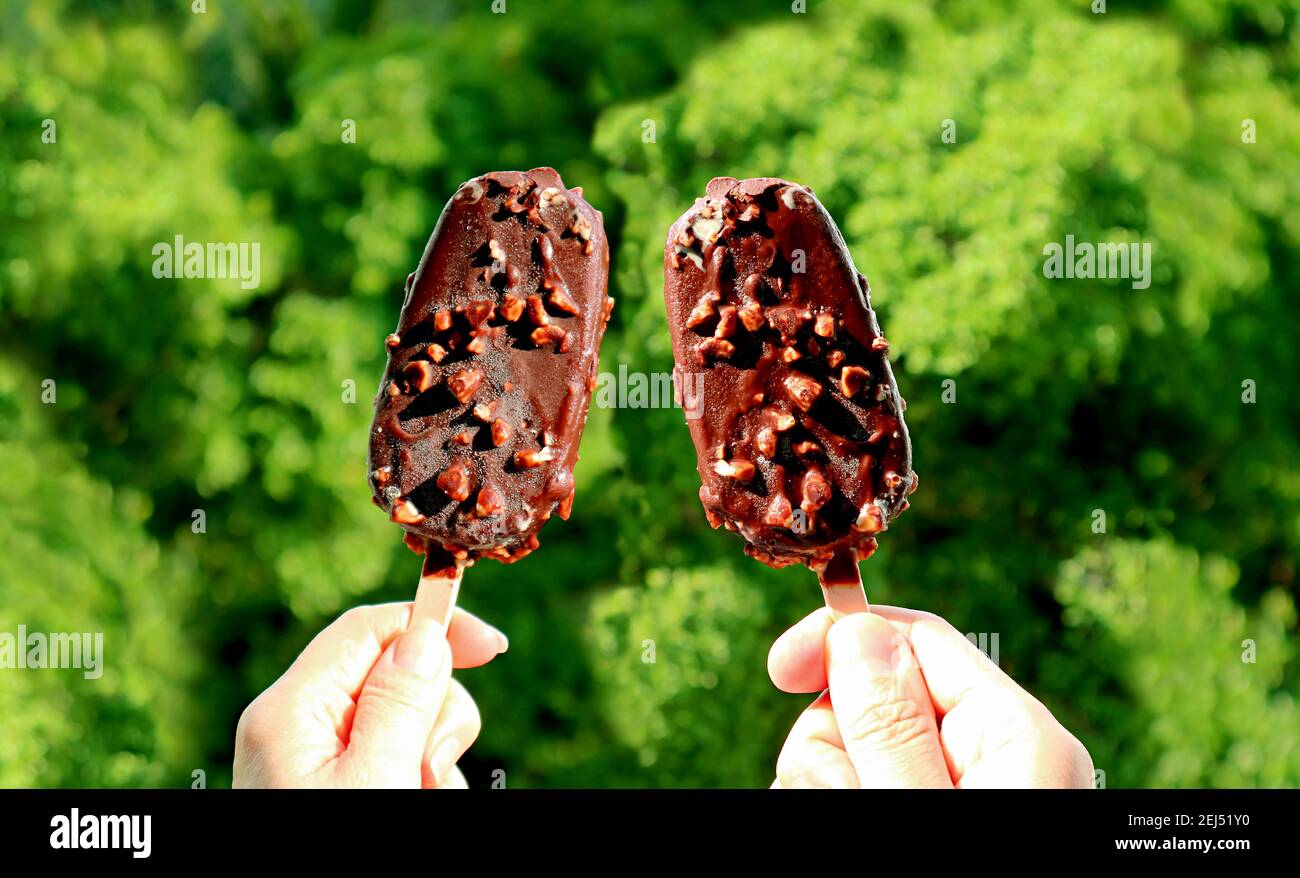 Pair of Chocolate Dipped Ice Cream Bars in Couple's Hands with Blurry Sunny Garden in Background Stock Photo