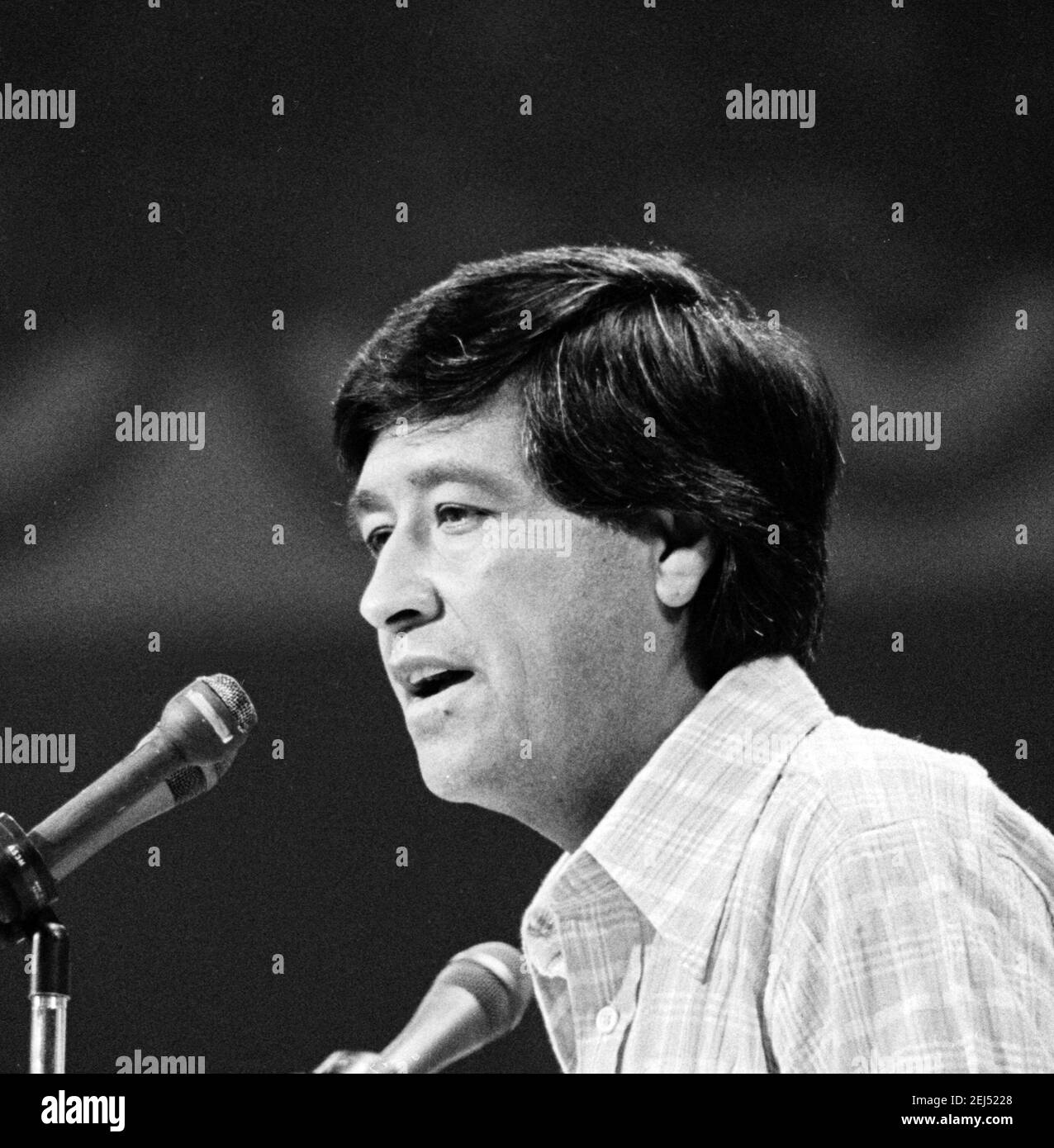 Cesar Chavez. Portrait of the American labor leader and civil rights activist, César Estrada Chávez (1927-1993), speaking at the Democratic Convention in New York City, July 14, 1976. Photo by Warren K Leffler. Stock Photo