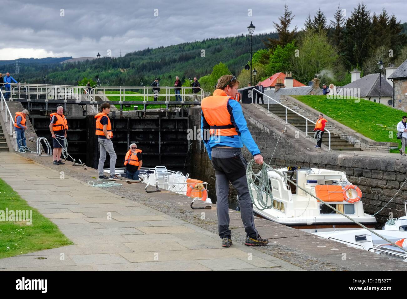 Boats making there way though the Lochs on the Caledonian Canal at Fort Augustu in Scotland, UK. Stock Photo