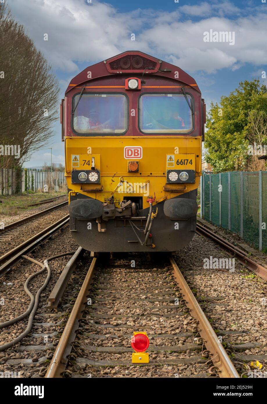 DB Cargo UK Class 66 Diesel train stationary near Warblington railway station. Stock Photo