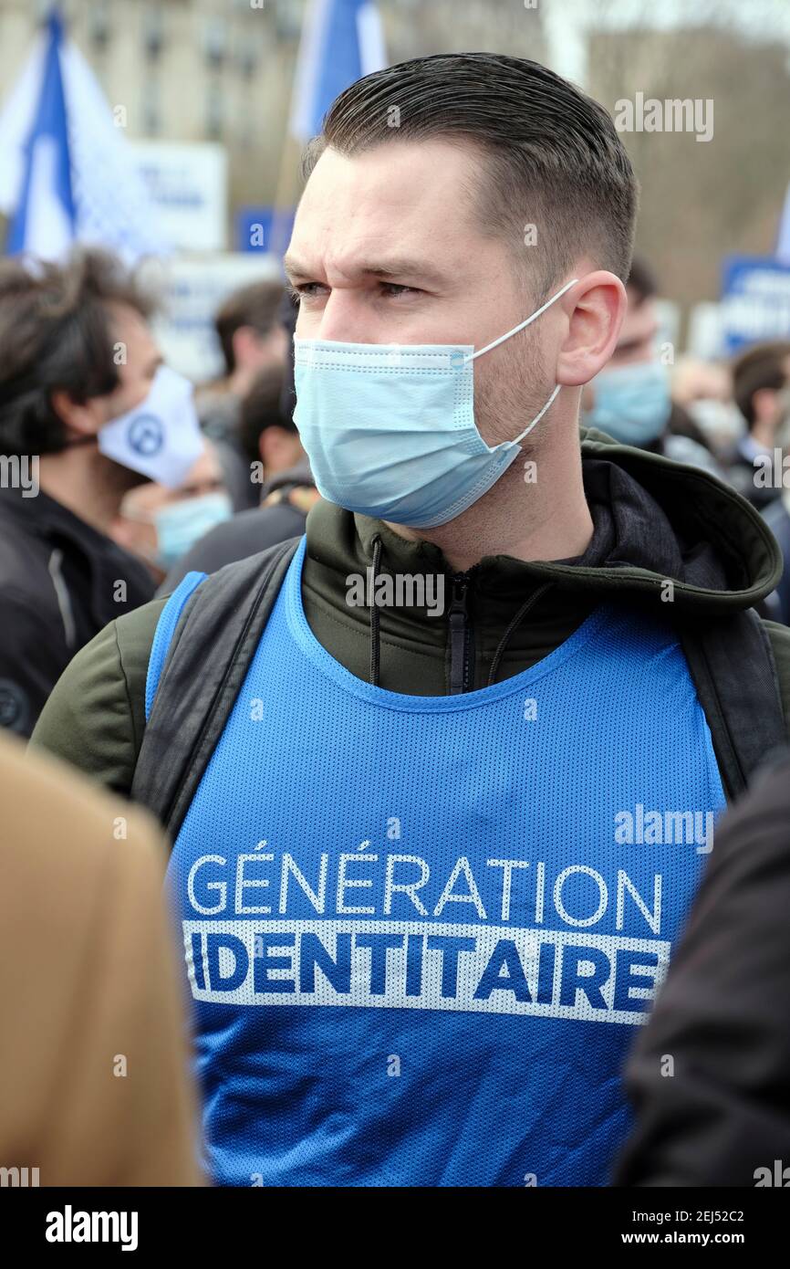 Members supporters of the extreme French wing organisation, Génération identitaire, protest in Paris against dissolution of the organisation by the French interior minister, Gerard Darmanin. According to the minister,