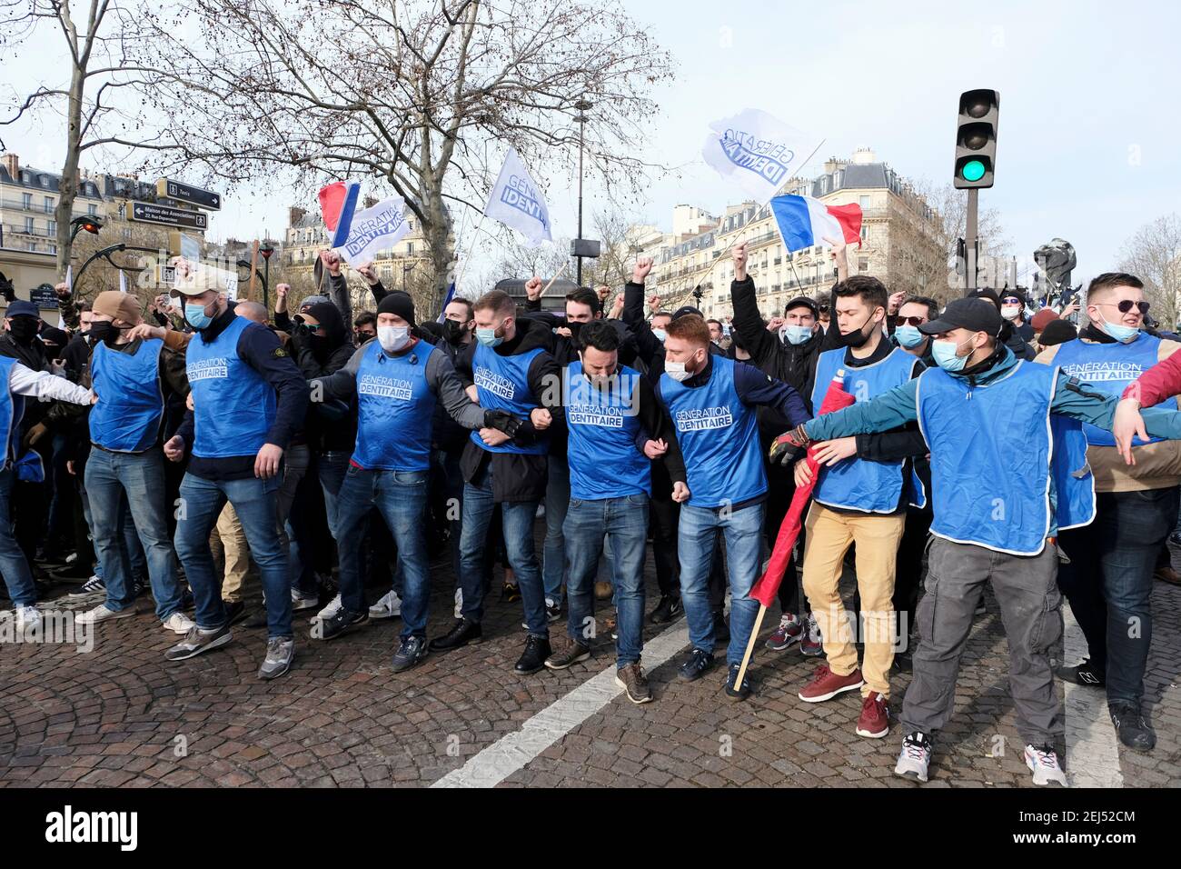 Members supporters of the extreme French wing organisation, Génération identitaire, protest in Paris against dissolution of the organisation by the French interior minister, Gerard Darmanin. According to the minister,