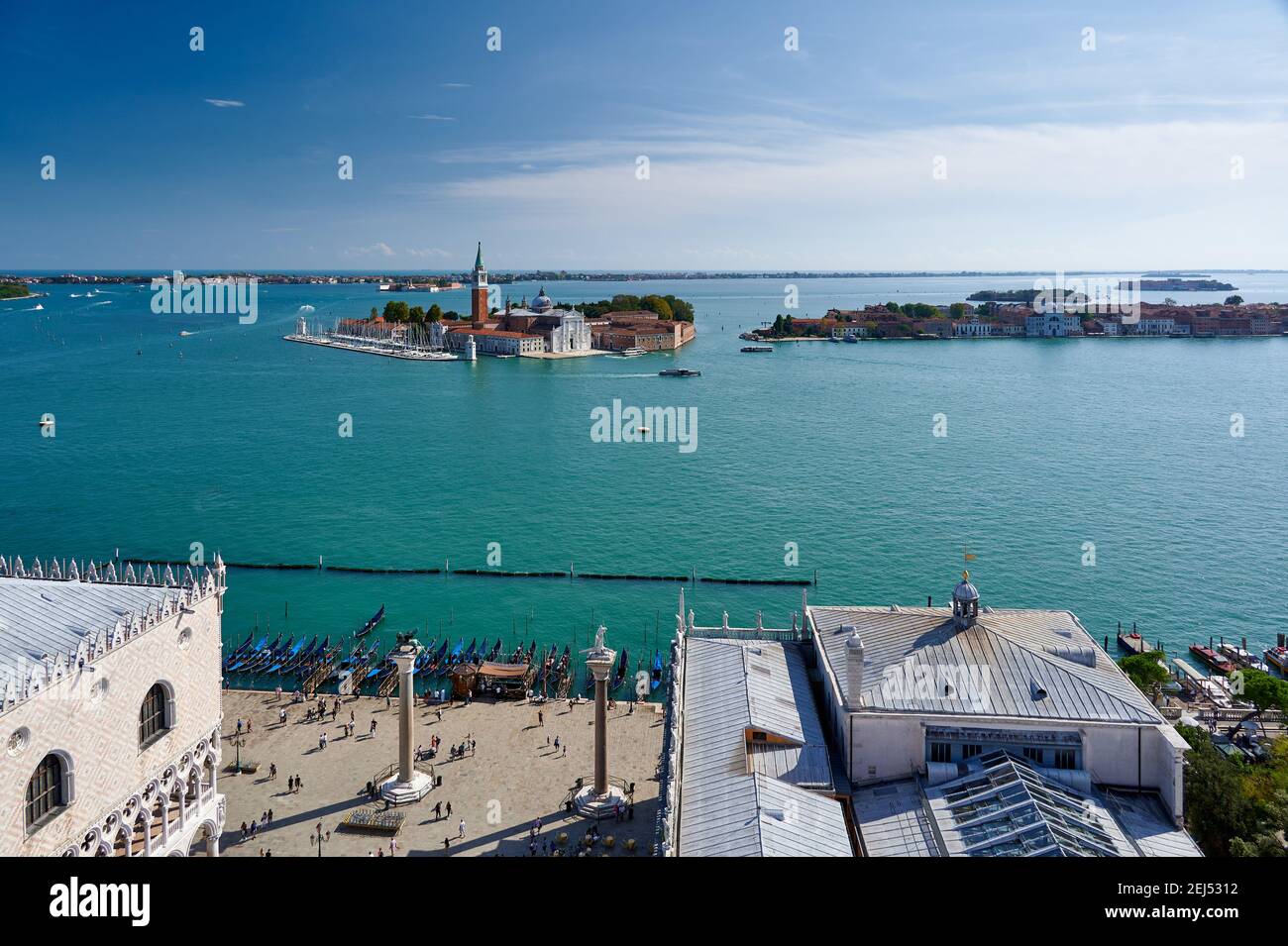 Aerial views from St. Mark's Tower on San Giorgio Maggiore and the Venice lagoon, Veneto, Italy Stock Photo