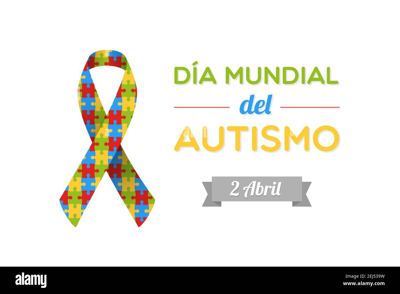 World Autism Day in Spanish. Dia mundial del autismo. Autism awareness ribbon with colorful puzzle pieces. Vector illustration, flat design Stock Vector