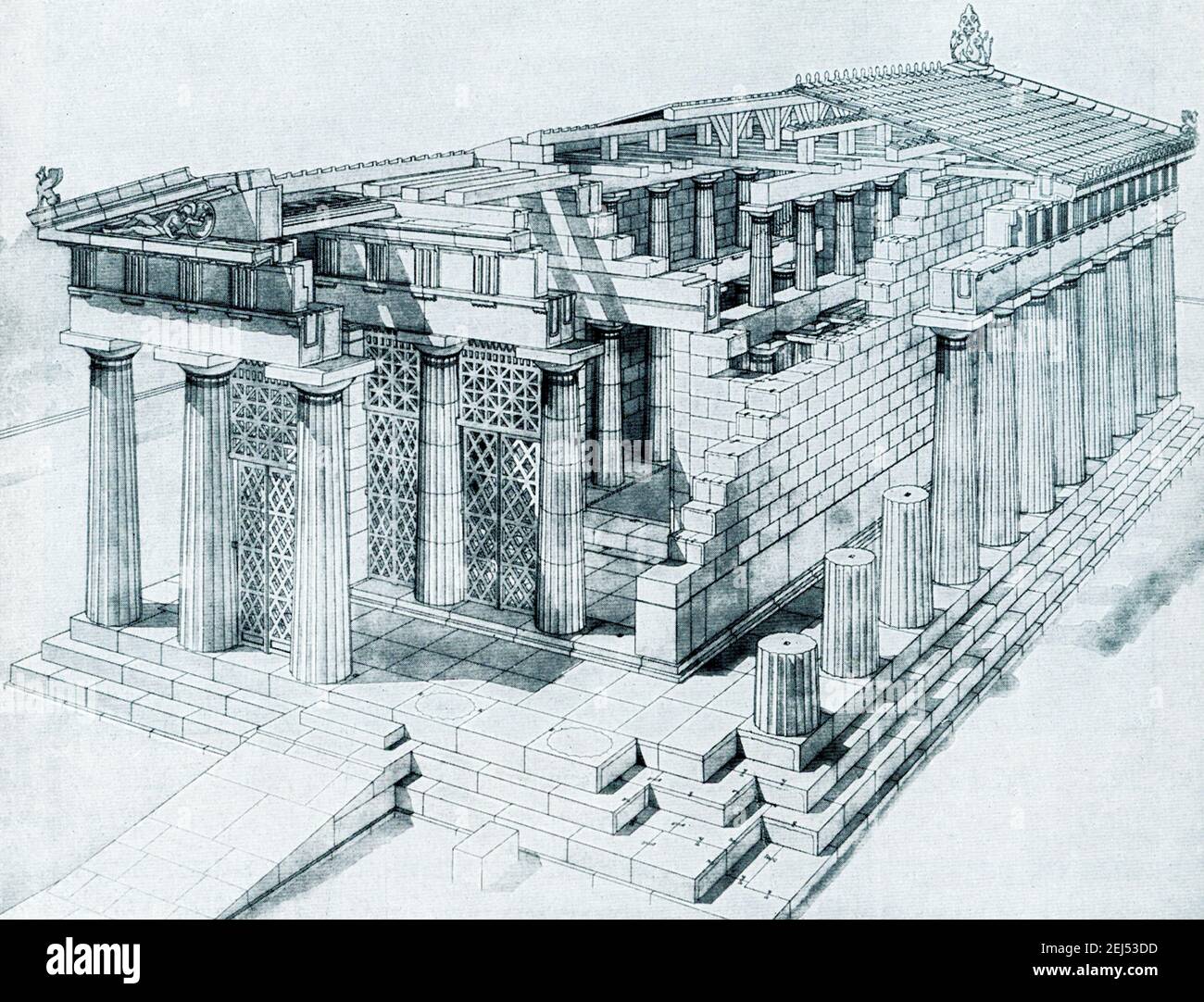 This sketch shows the Temple of Aphaia in Aegina at the beginning of the 5th century BC. It is based on the sdrawing by Furtwangler-Fiechter. The Temple of Athena Aphaia in Aegina: The Temple of Aphaia has been dedicated to goddess Athena and is located on the island of Aegina, on top of a hill. This is one of the ancient architectural wonders of ancient Greece. It was built in 480 BC and 25 of the original 32 Doric columns still stand due to the skill of the restorers. It is situated in a Sanctuary complex in Aegina about 13 km east of the main port. Stock Photo