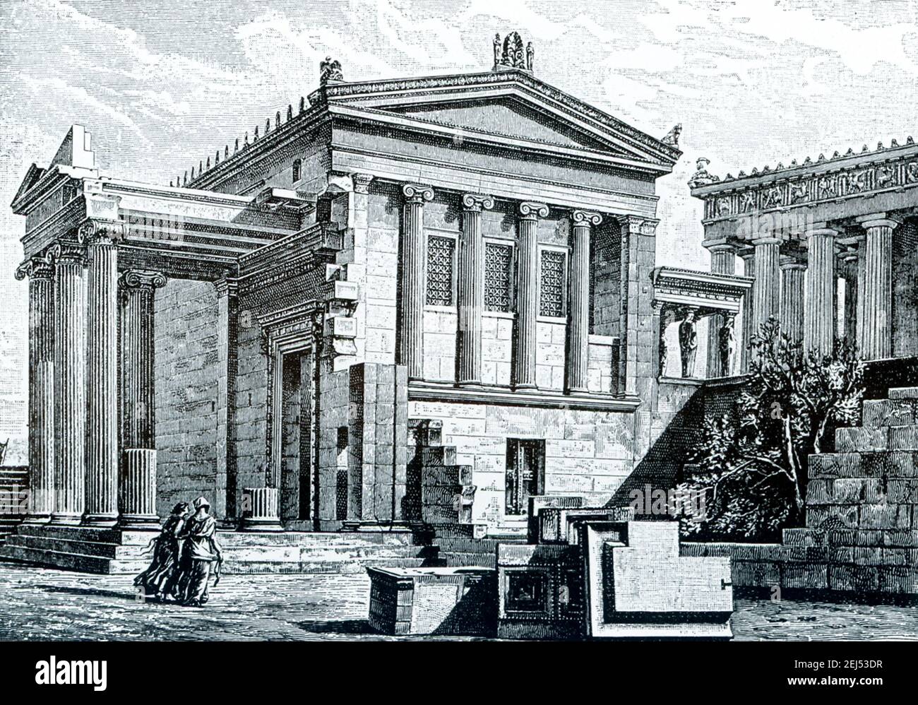This image shows the Ereichtheion (Erechtheion and Erechtheum) on the Acropolis at Athens. The drawing is based on that by the German-Austrian architect and archaeologist George Niemann. The areas labled are; North Lobby,  Caryatid Porch, and the Parthenon. Stock Photo
