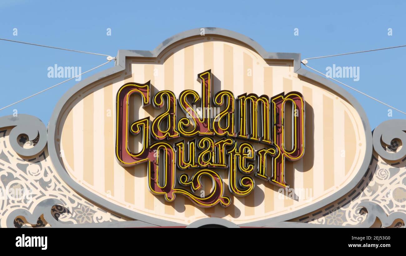 SAN DIEGO, CALIFORNIA USA - 13 FEB 2020: Gaslamp Quarter historic entrance arch sign. Retro signboard on 5th ave. Iconic vintage signage, old-fashione Stock Photo