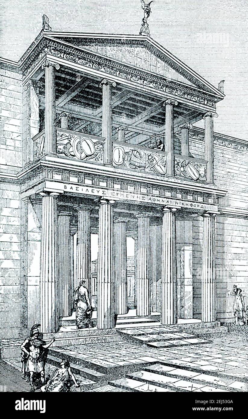 This illustration shows the Entrance Construction on the Acropolis at Pergamon in the 2nd century BC. The drawing is based on R Bohn. Pergamon was founded in the 3rd century BC as the capital of the Attalid dynasty. Located in the Aegean Region, the heart of the Antique World, and at the crossroads between Europe and the Middle East, it became an important cultural, scientific and political center. Stock Photo